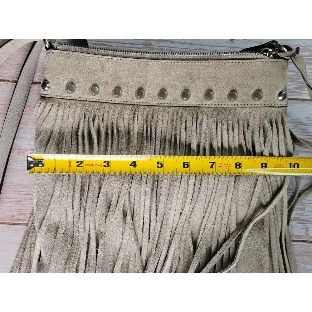 Michael Kors Greige Suede Fringe Studded Crossbody Western Chic Shoulder Bag